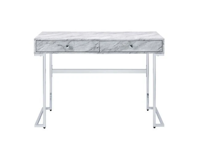 Tigress - Writing Desk - White Printed Faux Marble & Chrome Finish - Funk Metal Works LLC