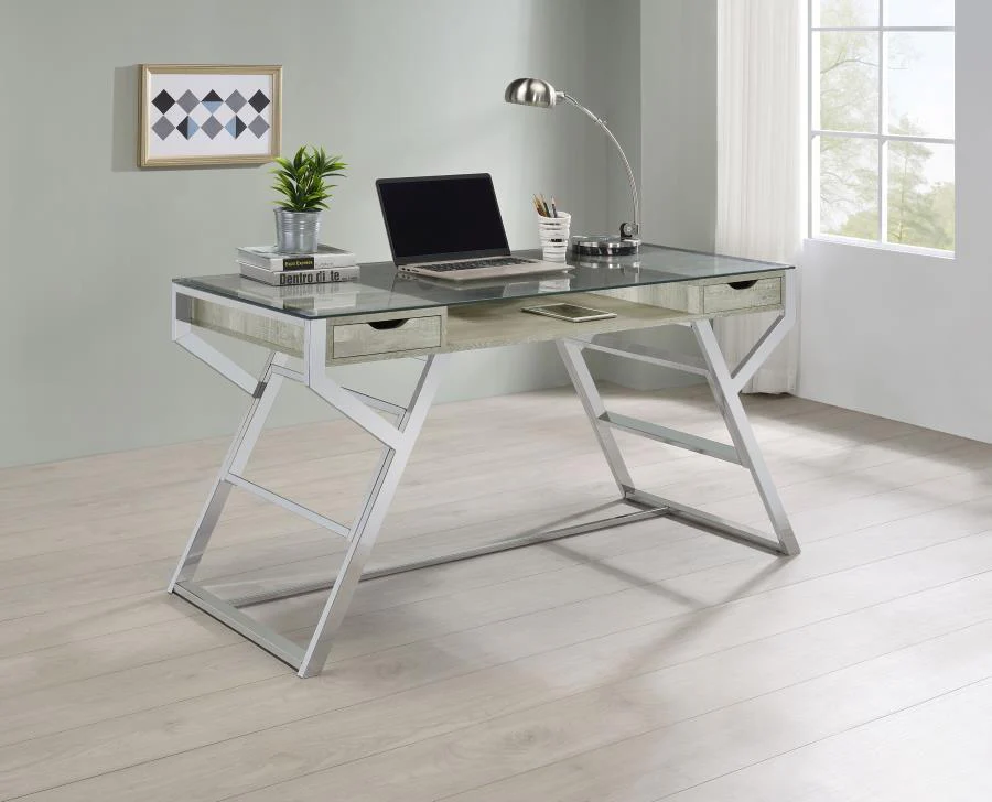 Emelle - Glass Top Writing Desk - Pearl Silver - Funk Metal Works LLC