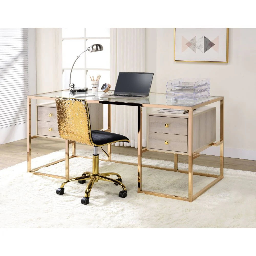 Huyana - Desk - Clear Glass & Gold - Funk Metal Works LLC