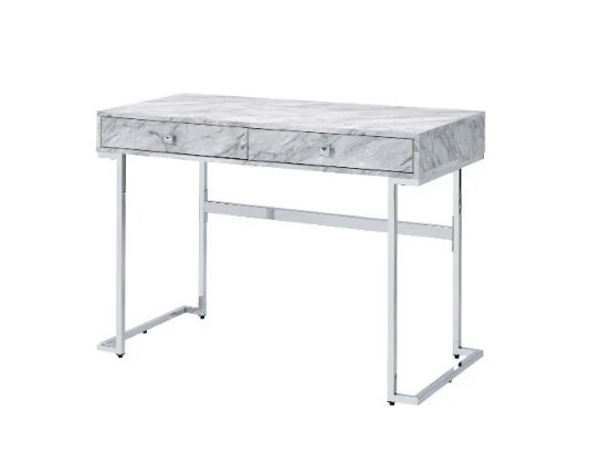 Tigress - Writing Desk - White Printed Faux Marble & Chrome Finish - Funk Metal Works LLC