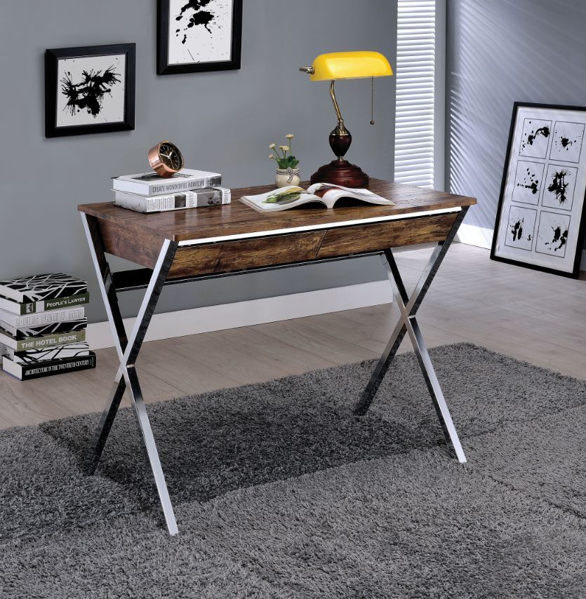 Callers - Desk - Weathered Oak & Chrome - Funk Metal Works LLC