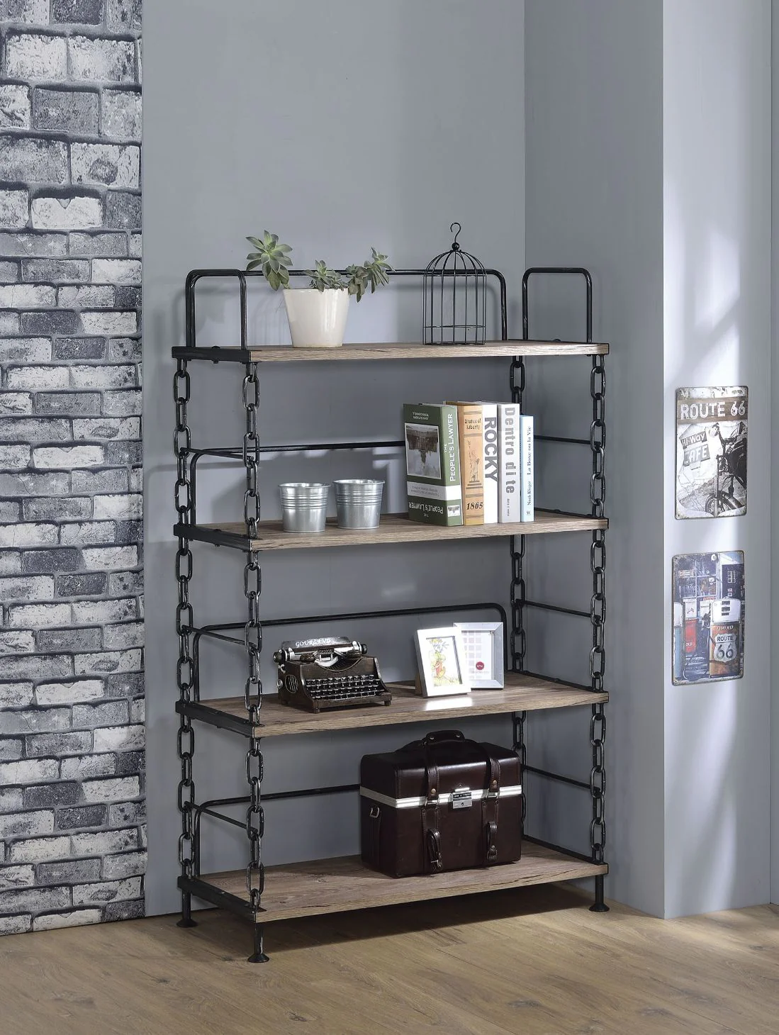 Jodie - Bookshelf - Rustic Oak & Antique Black - Funk Metal Works LLC