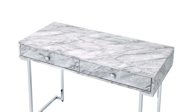 Tigress - Writing Desk - White Printed Faux Marble & Chrome Finish - Funk Metal Works LLC