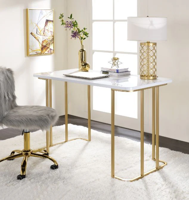 Estie - Writing Desk - White & Gold Finish - Funk Metal Works LLC