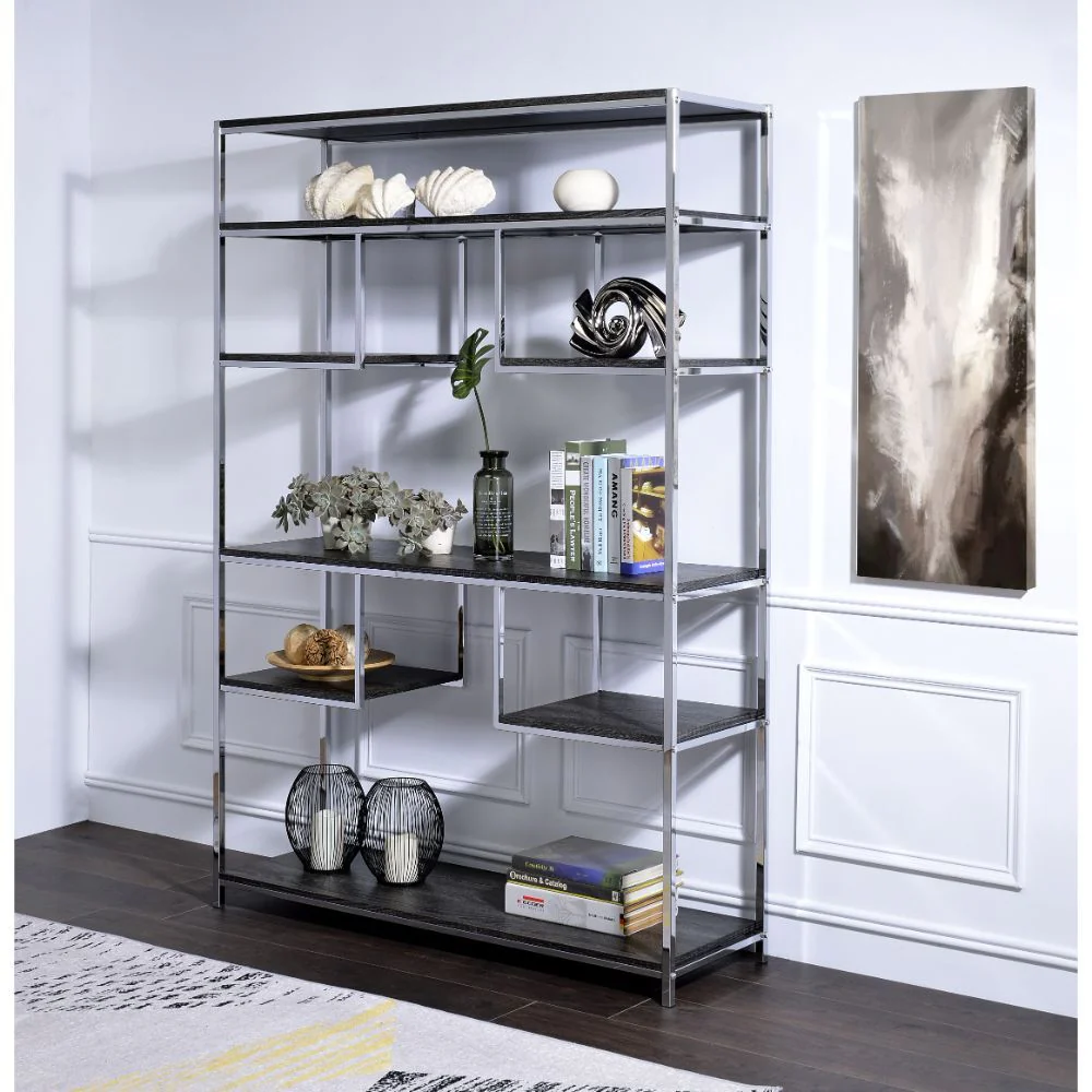 Vonara - Bookshelf - Rustic Gray Oak & Chrome - Funk Metal Works LLC