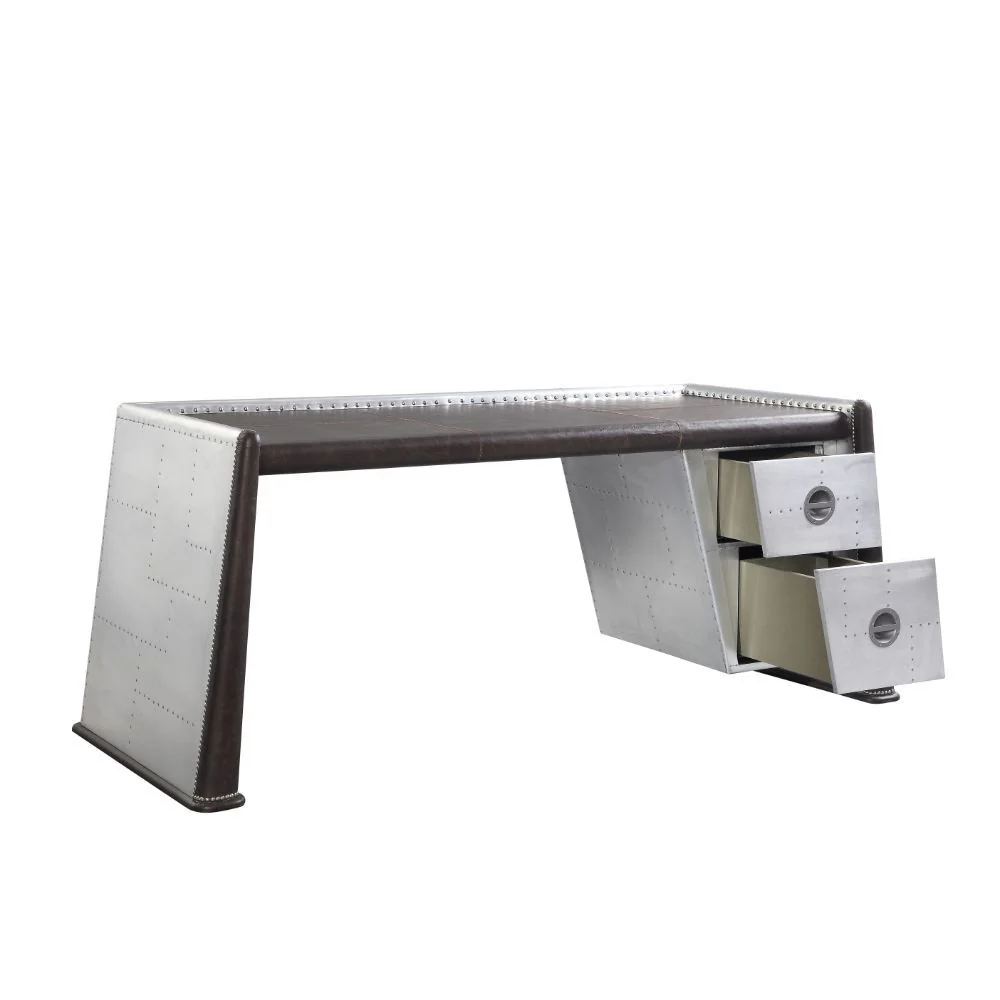 Brancaster - Desk - Distress Chocolate Top Grain Leather & Aluminum - Funk Metal Works LLC