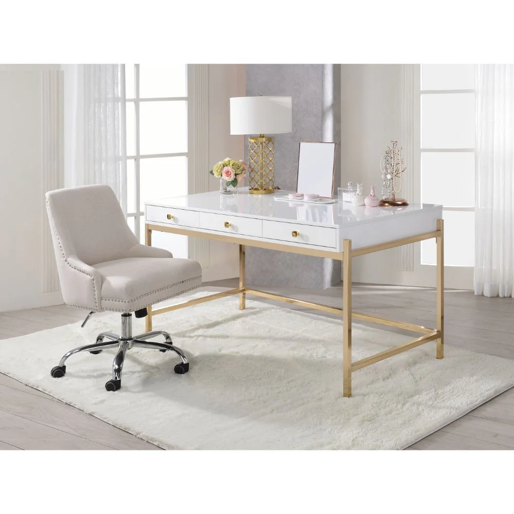 Ottey - Desk - White High Gloss & Gold - 31