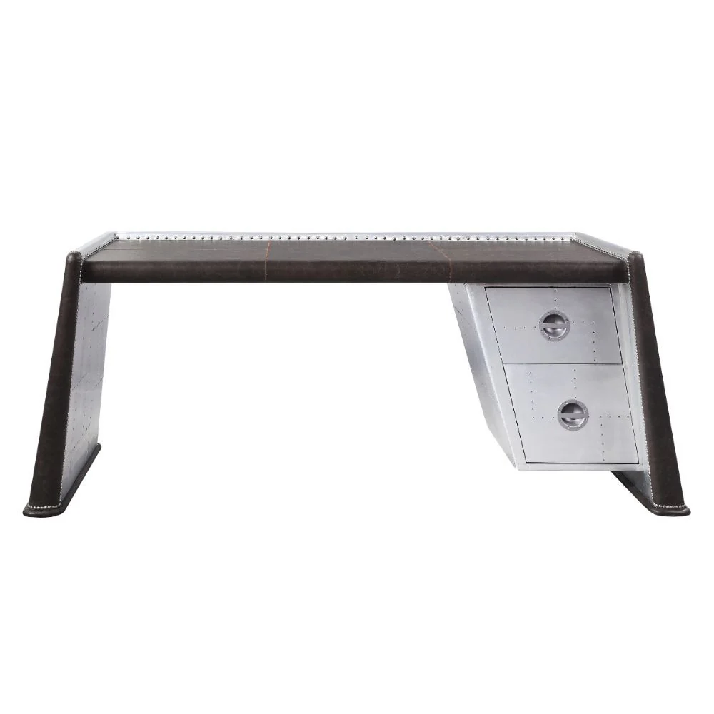Brancaster - Desk - Distress Chocolate Top Grain Leather & Aluminum - Funk Metal Works LLC