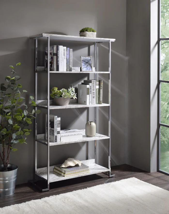 Visage - Bookshelf - White Printed Faux Marble & Chrome - Funk Metal Works LLC