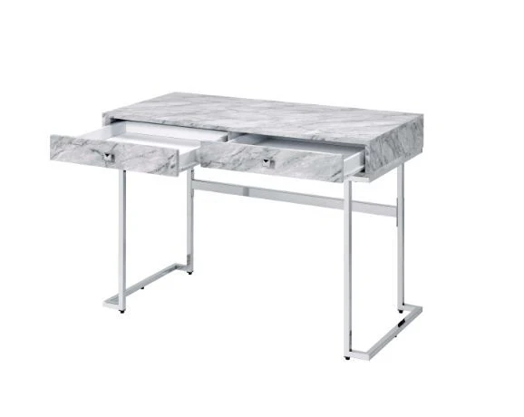 Tigress - Writing Desk - White Printed Faux Marble & Chrome Finish - Funk Metal Works LLC