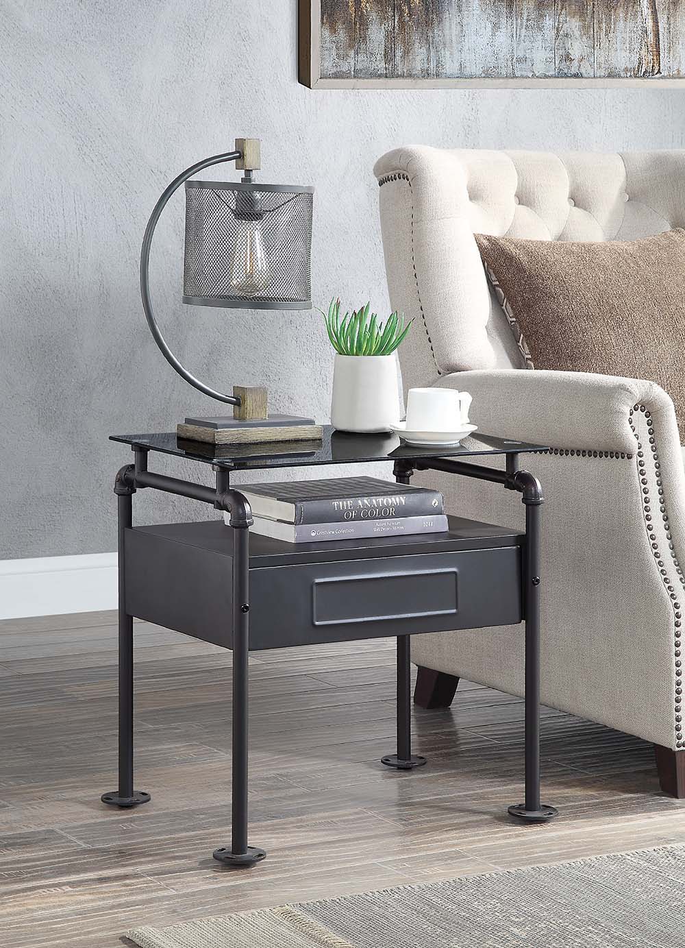 Nicipolis - Nightstand - Glass & Sandy Gray - Funk Metal Works LLC