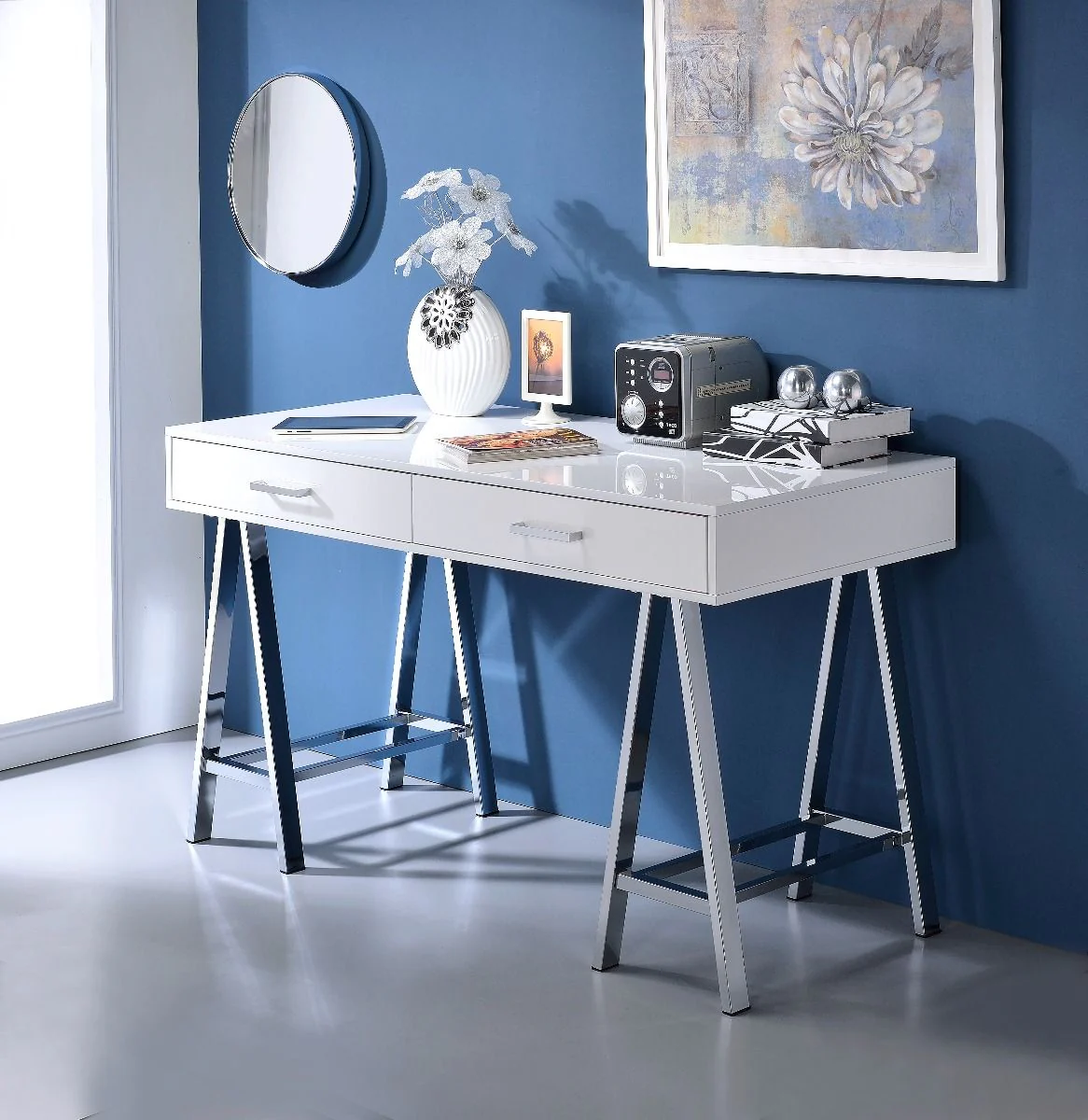 Coleen - Desk - White High Gloss & Chrome Finish - Funk Metal Works LLC