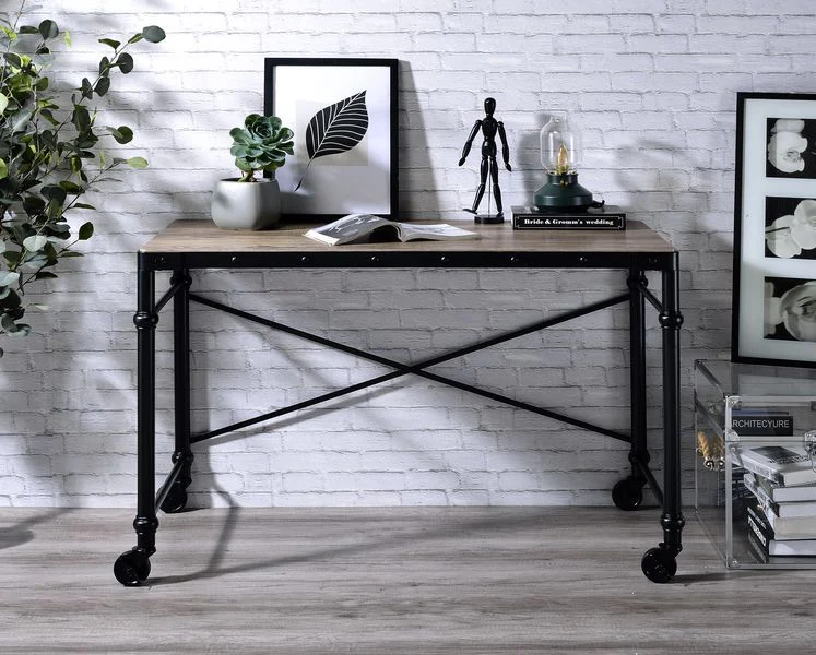 Oklarth - Writing Desk - Rustic Oak & Black Finish - Funk Metal Works LLC