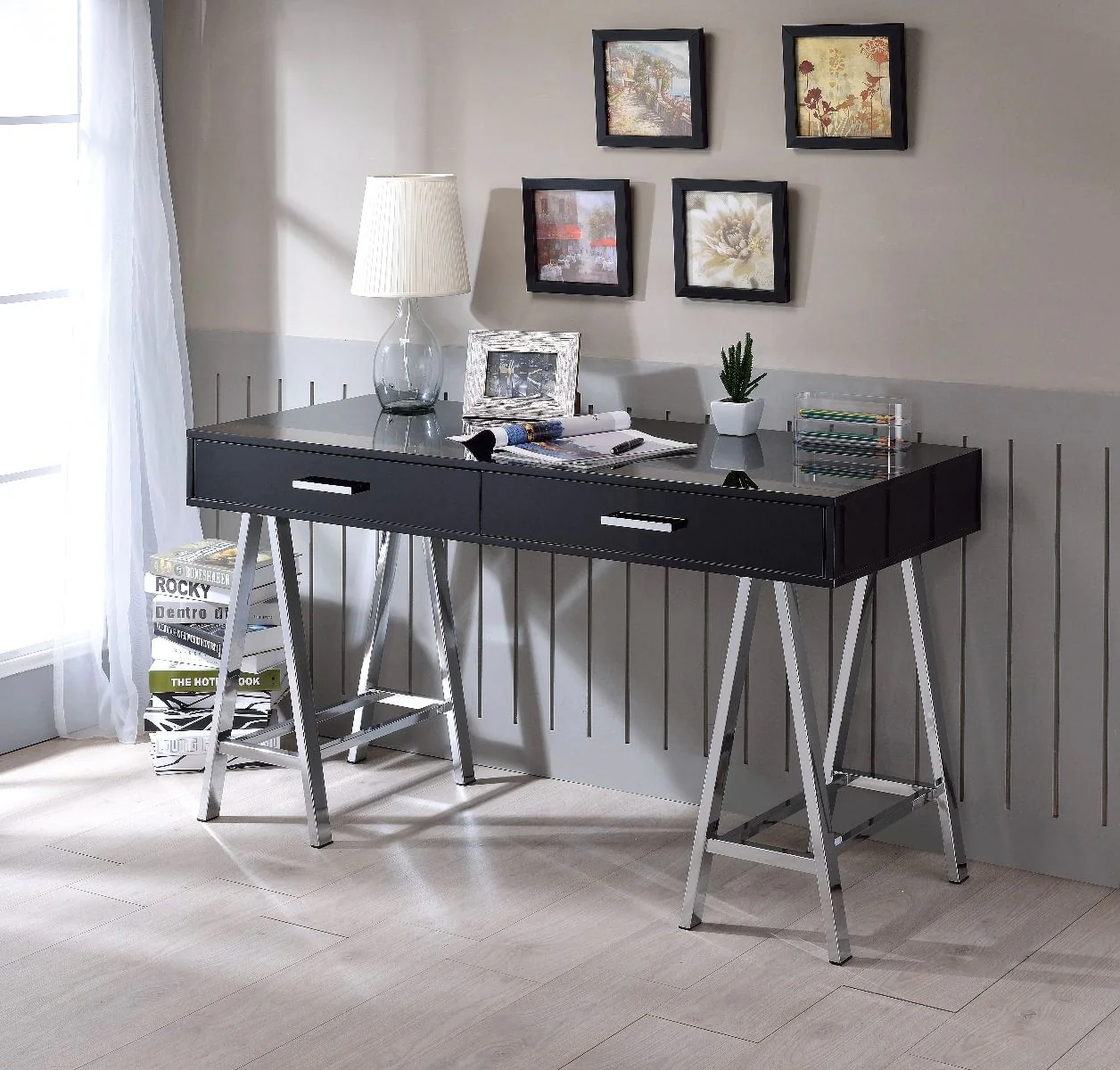 Coleen - Desk - Black High Gloss & Chrome Finish - Funk Metal Works LLC