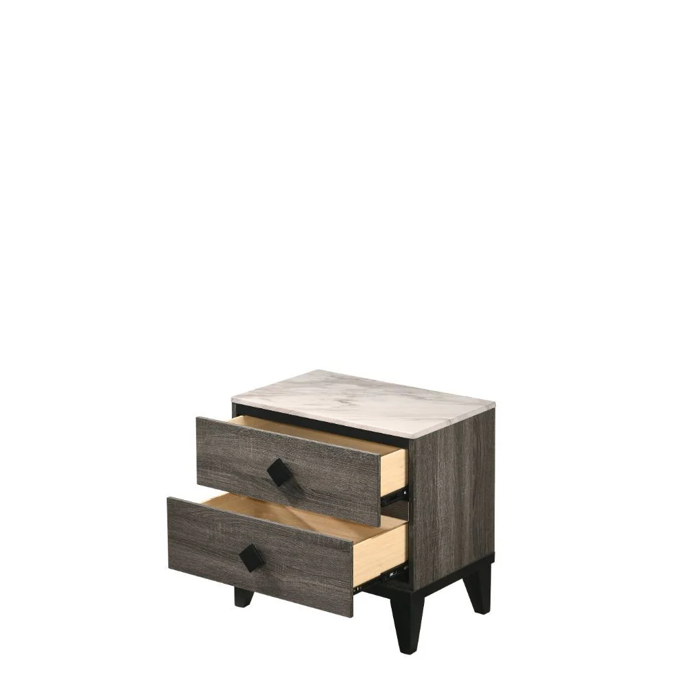 Avantika - Nightstand - Faux Marble & Rustic Gray Oak - Funk Metal Works LLC