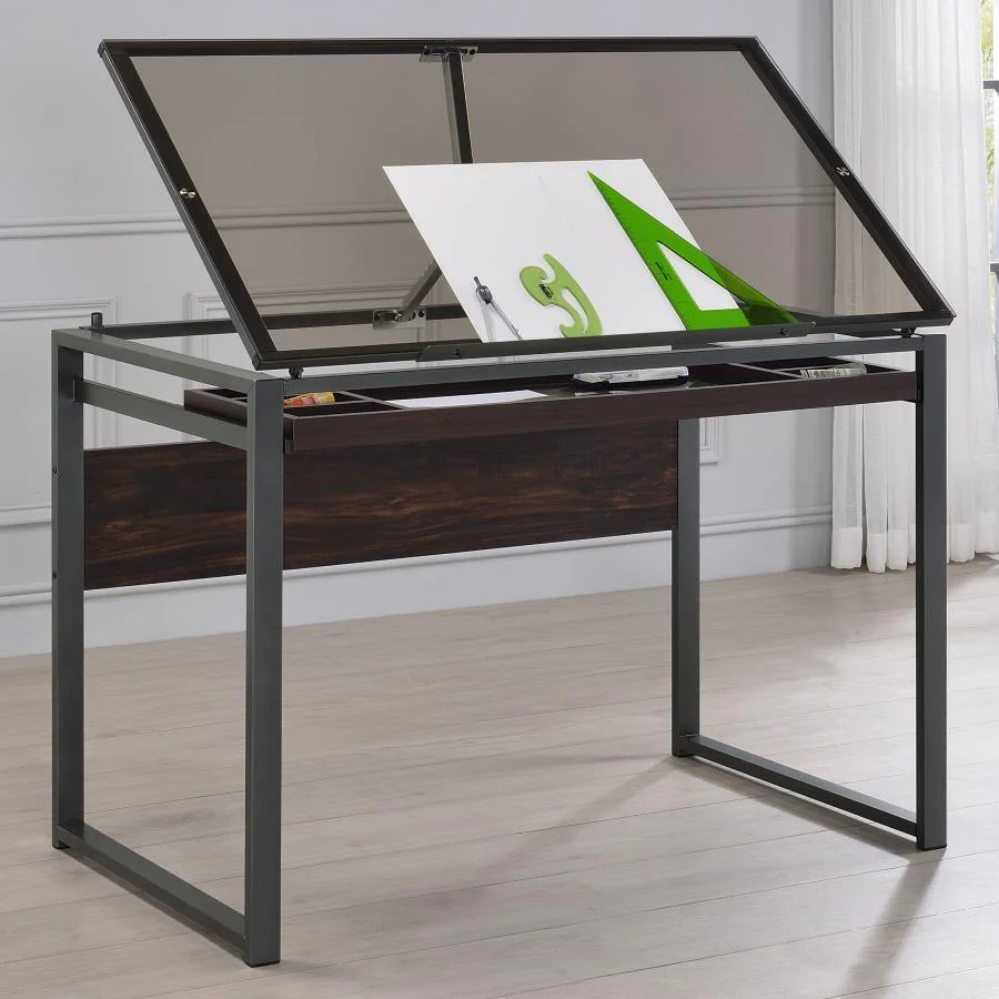 Pantano - Glass Top Drafting Desk - Brown - Funk Metal Works LLC