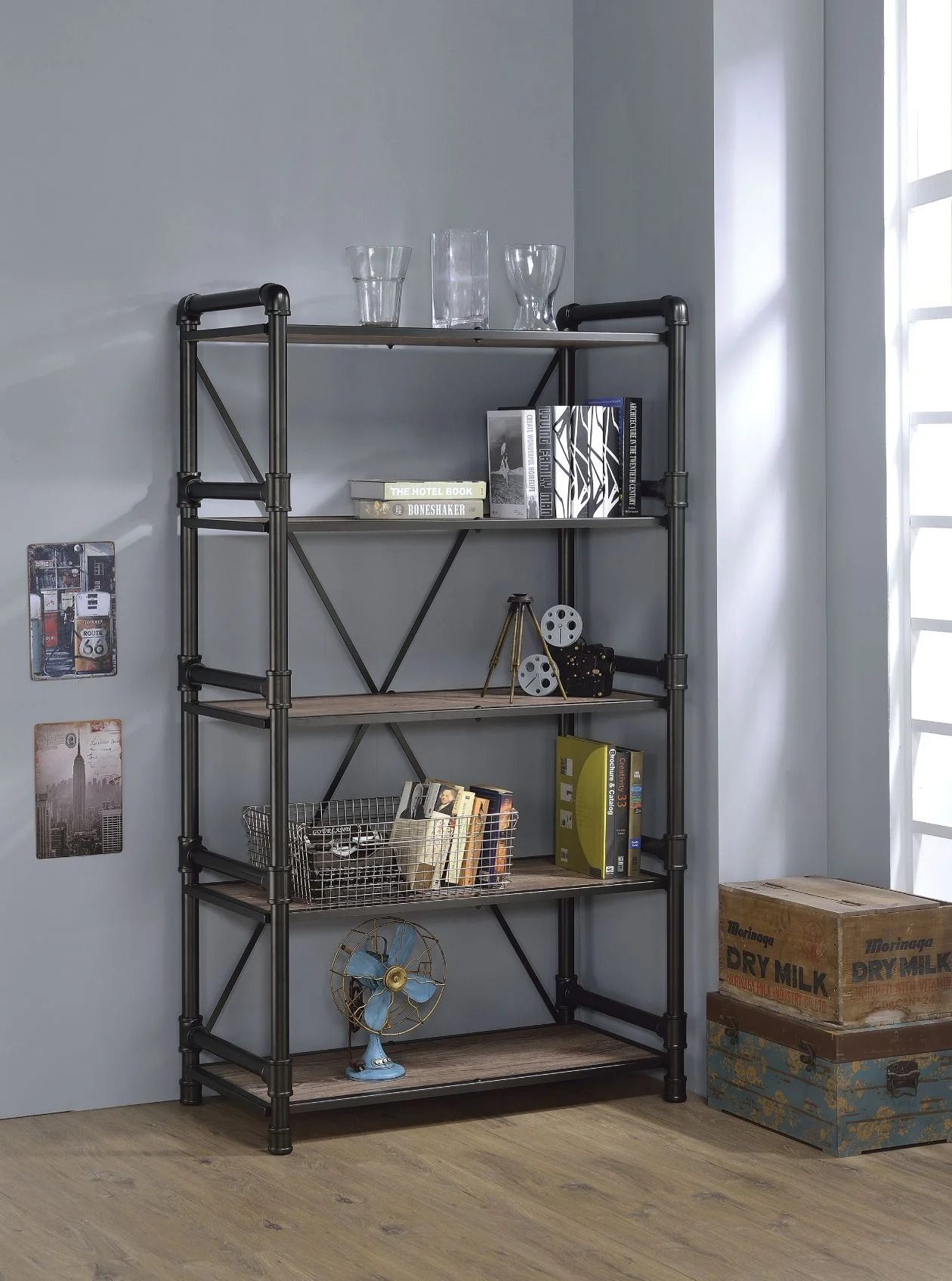 Caitlin - Bookshelf - Rustic Oak & Black - Funk Metal Works LLC