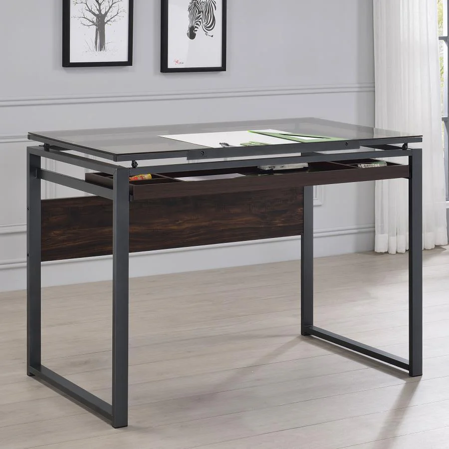 Pantano - Glass Top Drafting Desk - Brown - Funk Metal Works LLC