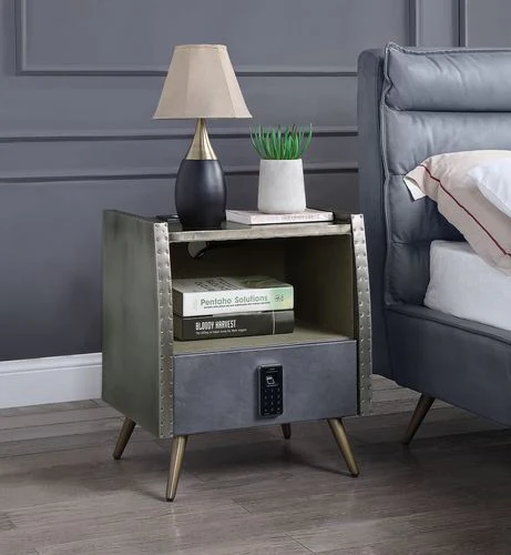 Doris - Nightstand - Gray Top Grain Leather & Aluminum - Funk Metal Works LLC